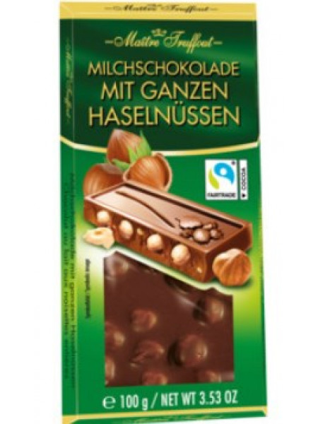 Молочный шоколад Ganzen Haselnüssen Maitre Truffout с цельным фундуком 100г